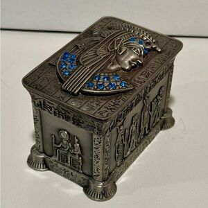 Metal Ancient Egypt Tutankhamun Nefertiti Pharaohs Trinket Jewelry Box 3.5”x2.5”